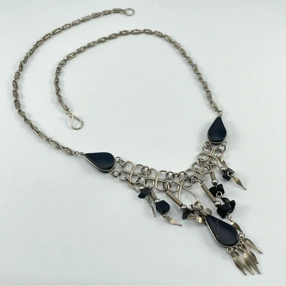 Vintage Alpaca Silver Wire And Black Onyx Statement Bib Necklace